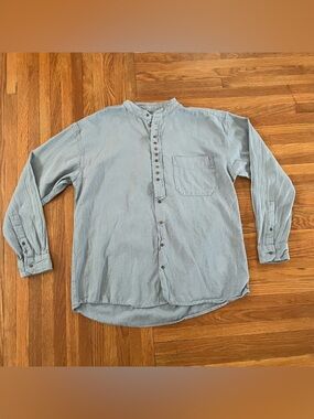 Gray Aran Sweater Market Cotton/Linen Grandfather Button-Front Long Sleeve Shirt